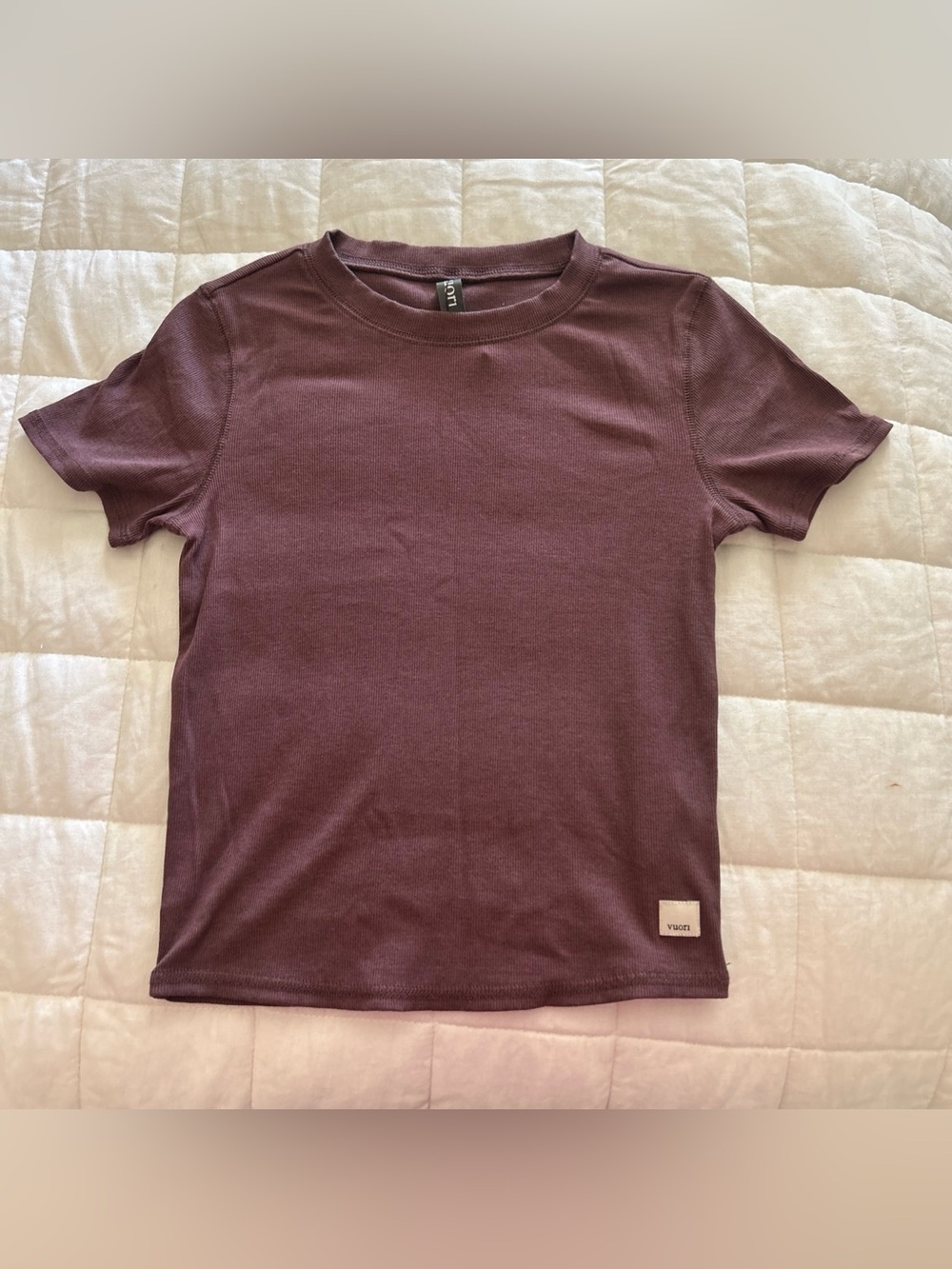 Vuori Pose Mocha Brown Fitted Ribbed Short Sleeve Top Size XS Stretch Athleisure
